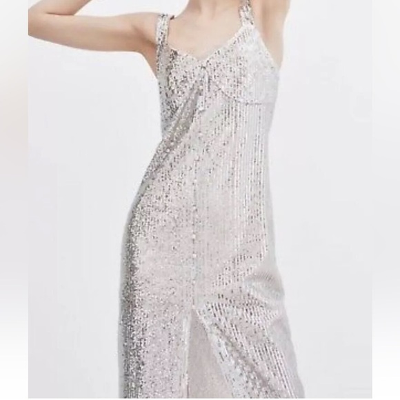 Zara NWT Gold Sequin Sparkle Sequin Midi Dress with Slit size S - Picture 1 of 11